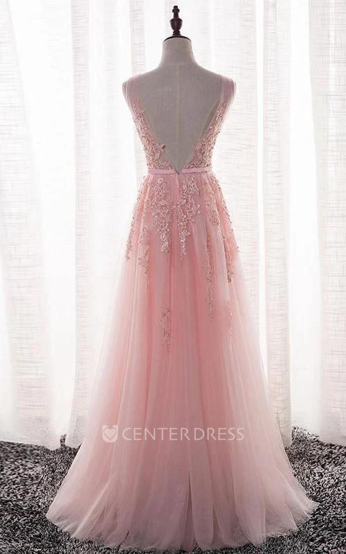 Sleeveless V-neck Long Beaded Tulle Dress