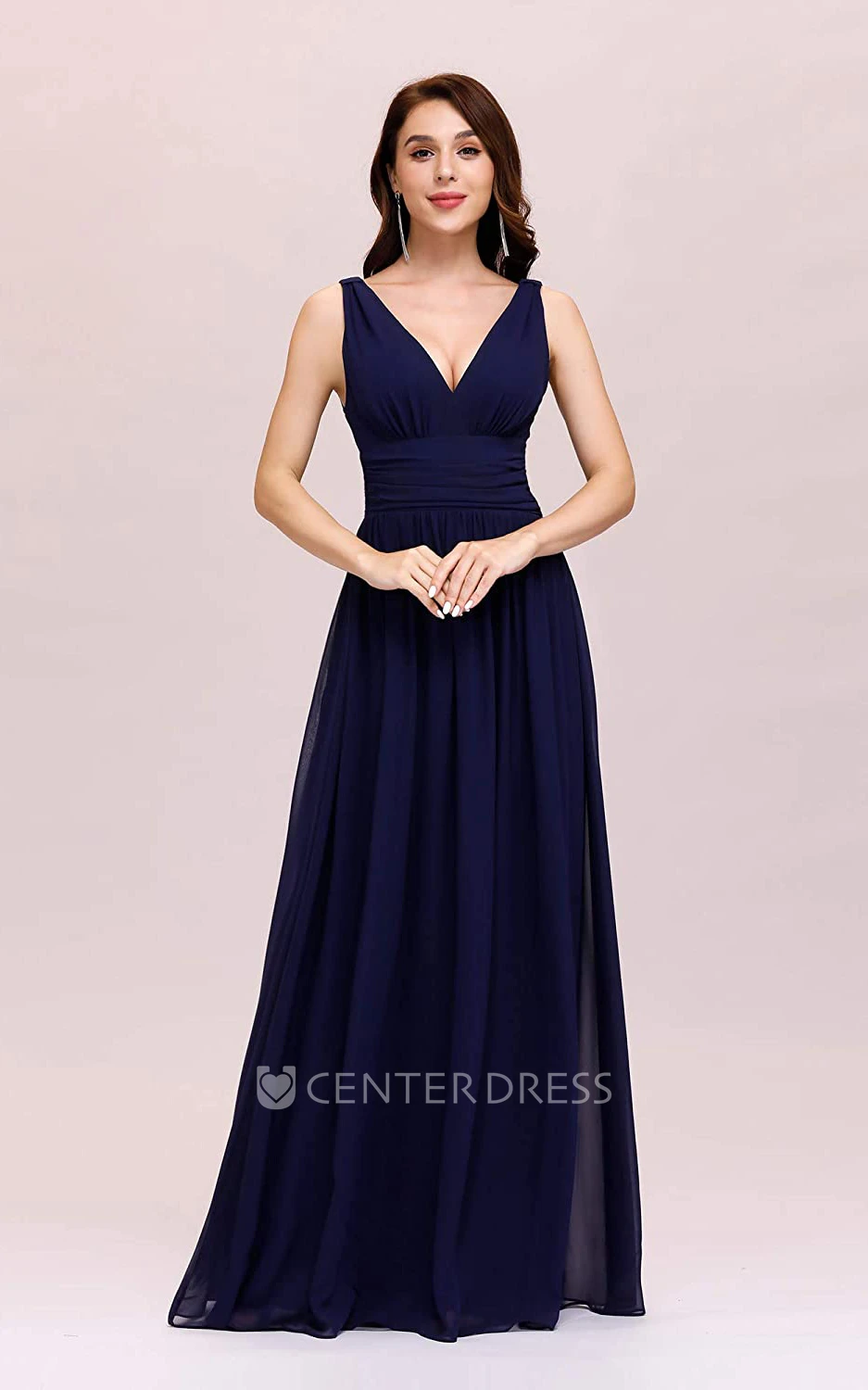 Romantic A Line Chiffon V-neck Sleeveless Prom Dress With Ruffles
