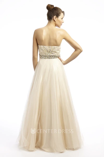 A-Line Sweetheart Beaded Sleeveless Floor-Length Tulle Prom Dress With Waist Jewellery