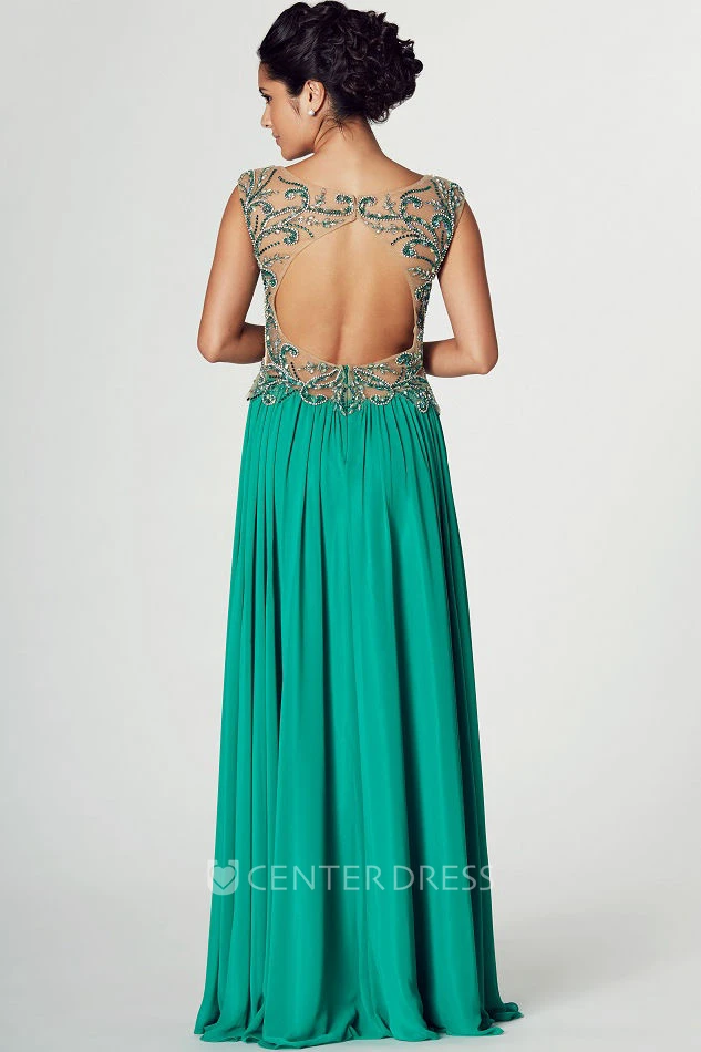 A-Line Bateau Cap-Sleeve Beaded Floor-Length Chiffon Prom Dress With Keyhole Back And Split Front