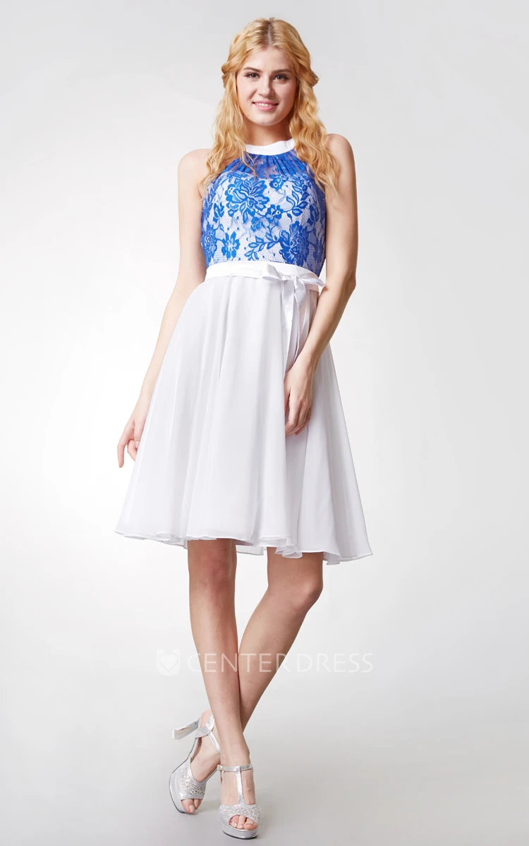 Ethereal A-line Lace Bodice Short Chiffon Dress With Keyhole Back
