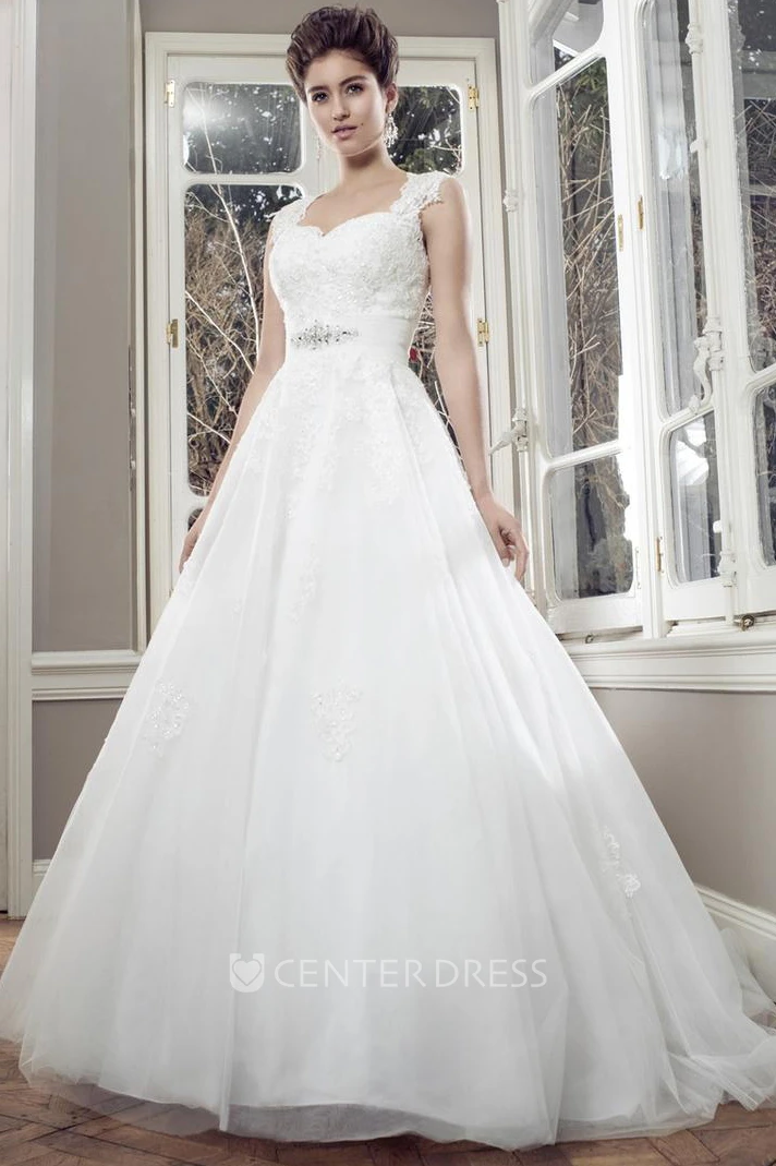 Ball-Gown Sleeveless Maxi Appliqued Lace&Satin Wedding Dress With Waist Jewellery And Keyhole Back