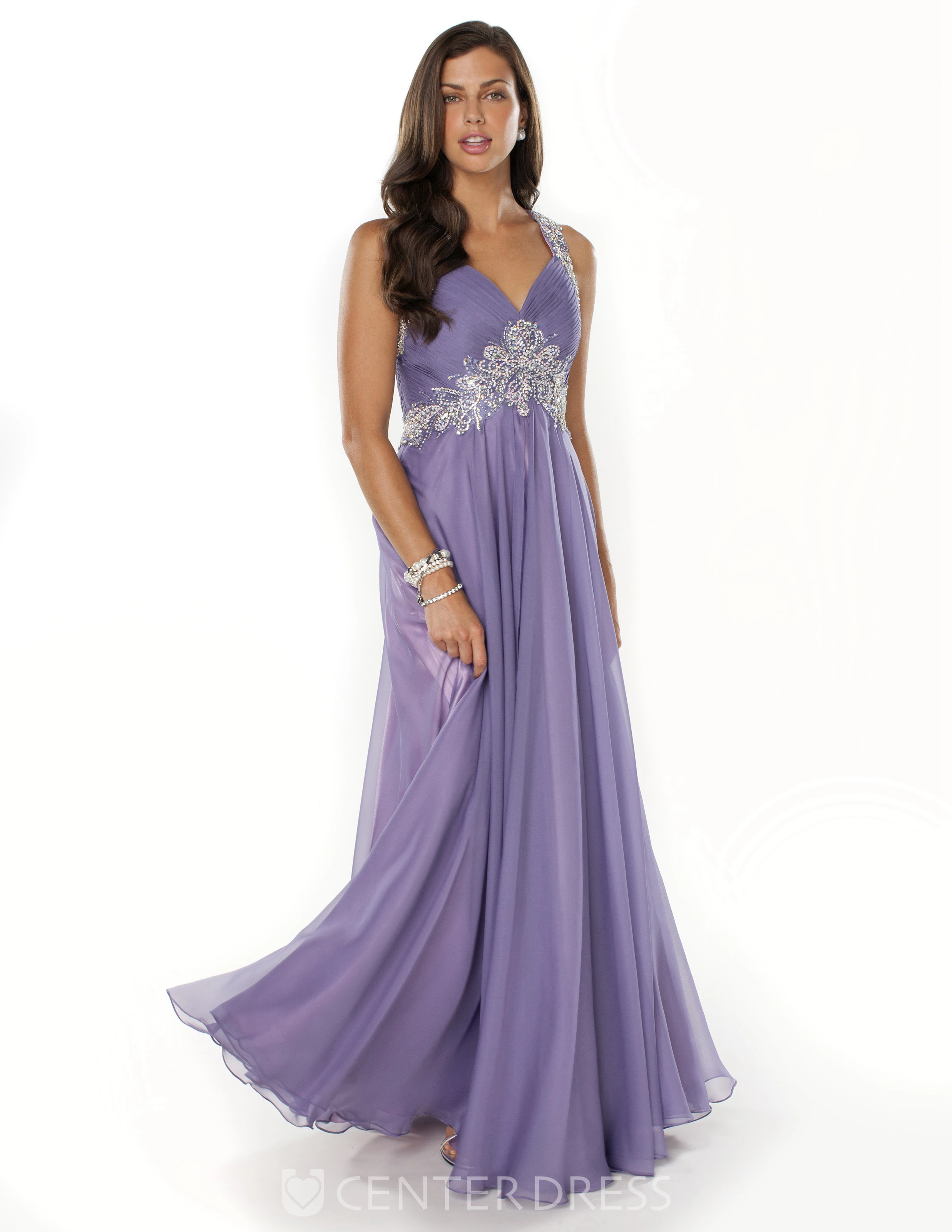 A-Line Long V-Neck Sleeveless Chiffon Straps Dress With Beading And Pleats