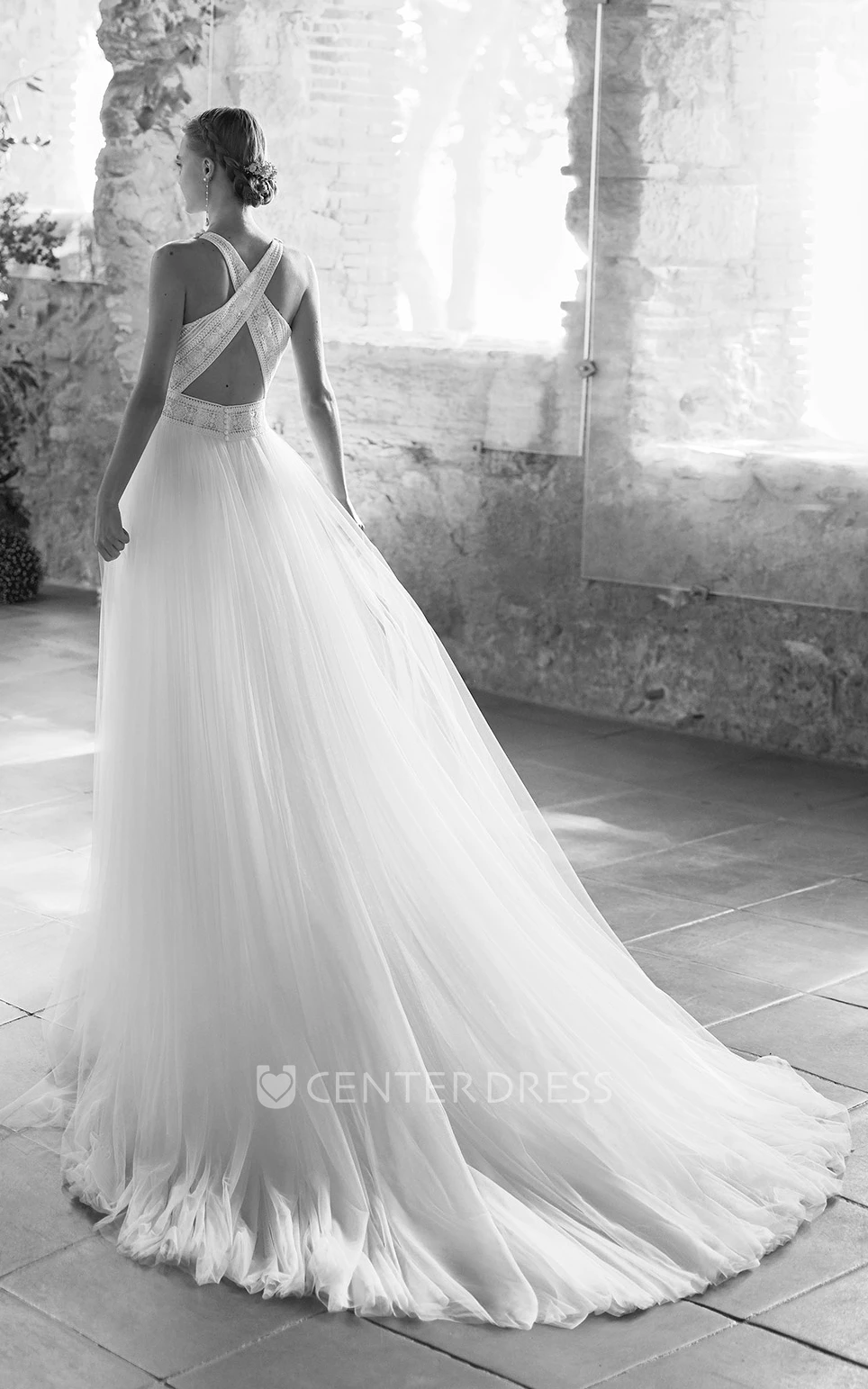 Bohemian Chiffon Bateau Wedding Dress with Court Train and Cross Back Flowy Bridal Gown