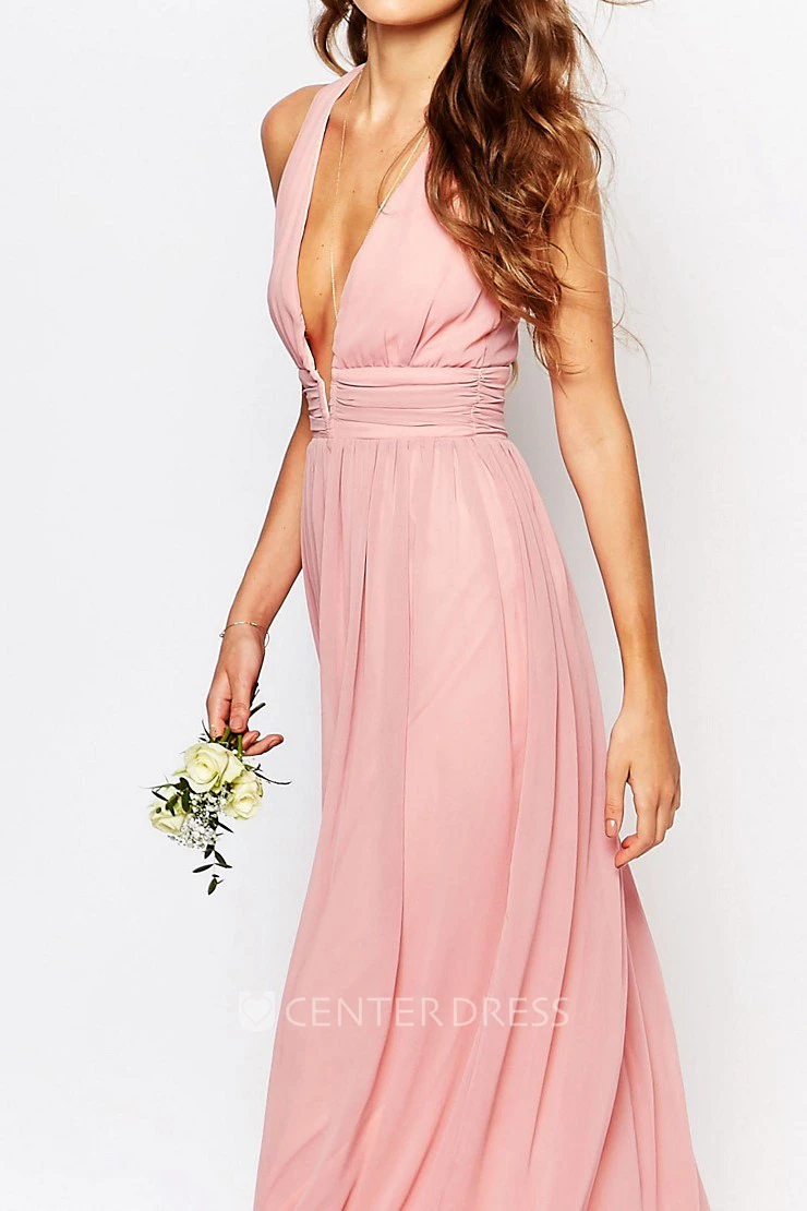 Ankle-Length Sleeveless V-Neck Pleated Chiffon Bridesmaid Dress With Straps