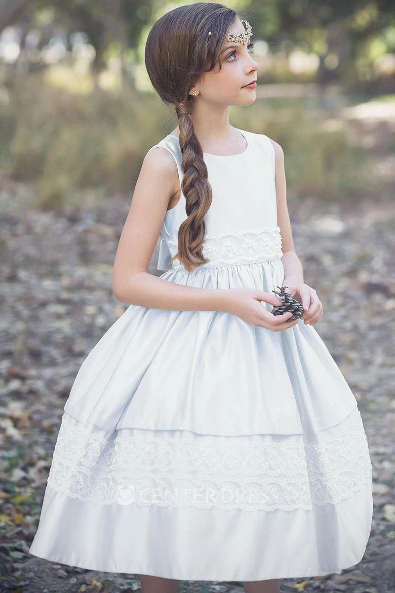 Tea-Length Sequined Tiered Tulle&Lace Flower Girl Dress
