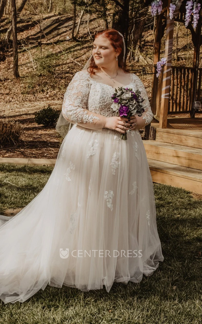 Off-the-shoulder A-Line Lace Vintage Spring Wedding Dress 3/4 Length Sleeve With Appliques