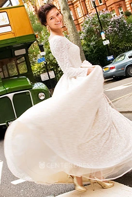 Sheath Floor-Length Long-Sleeve Lace Wedding Dress With Illusion Back