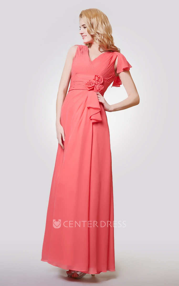 V-neck Ruched A-line Long Chiffon Dress With Flower