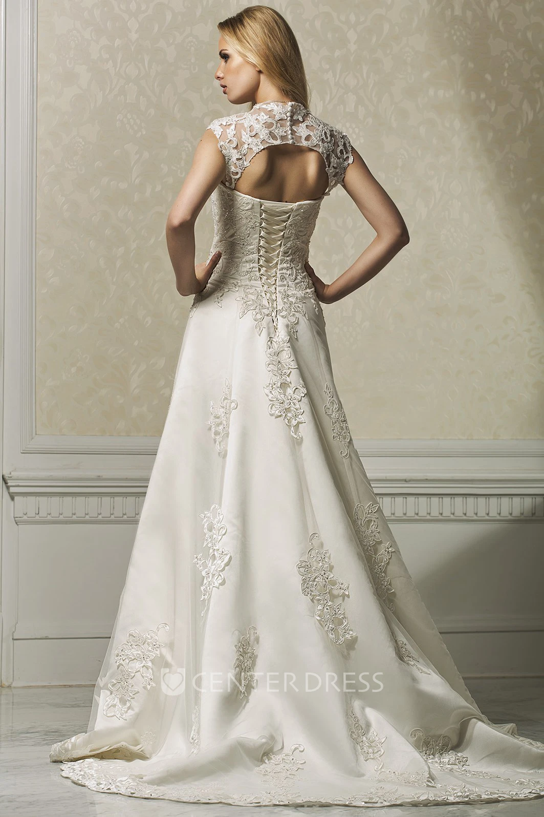 A-Line Appliqued Sweetheart Long Sleeveless Satin&Lace Wedding Dress