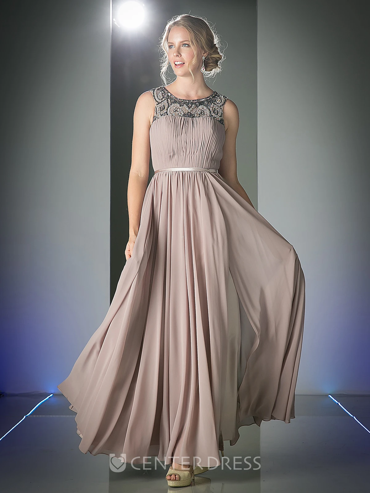 A-Line Ankle-Length Scoop-Neck Chiffon Illusion Dress With Ruching And Beading