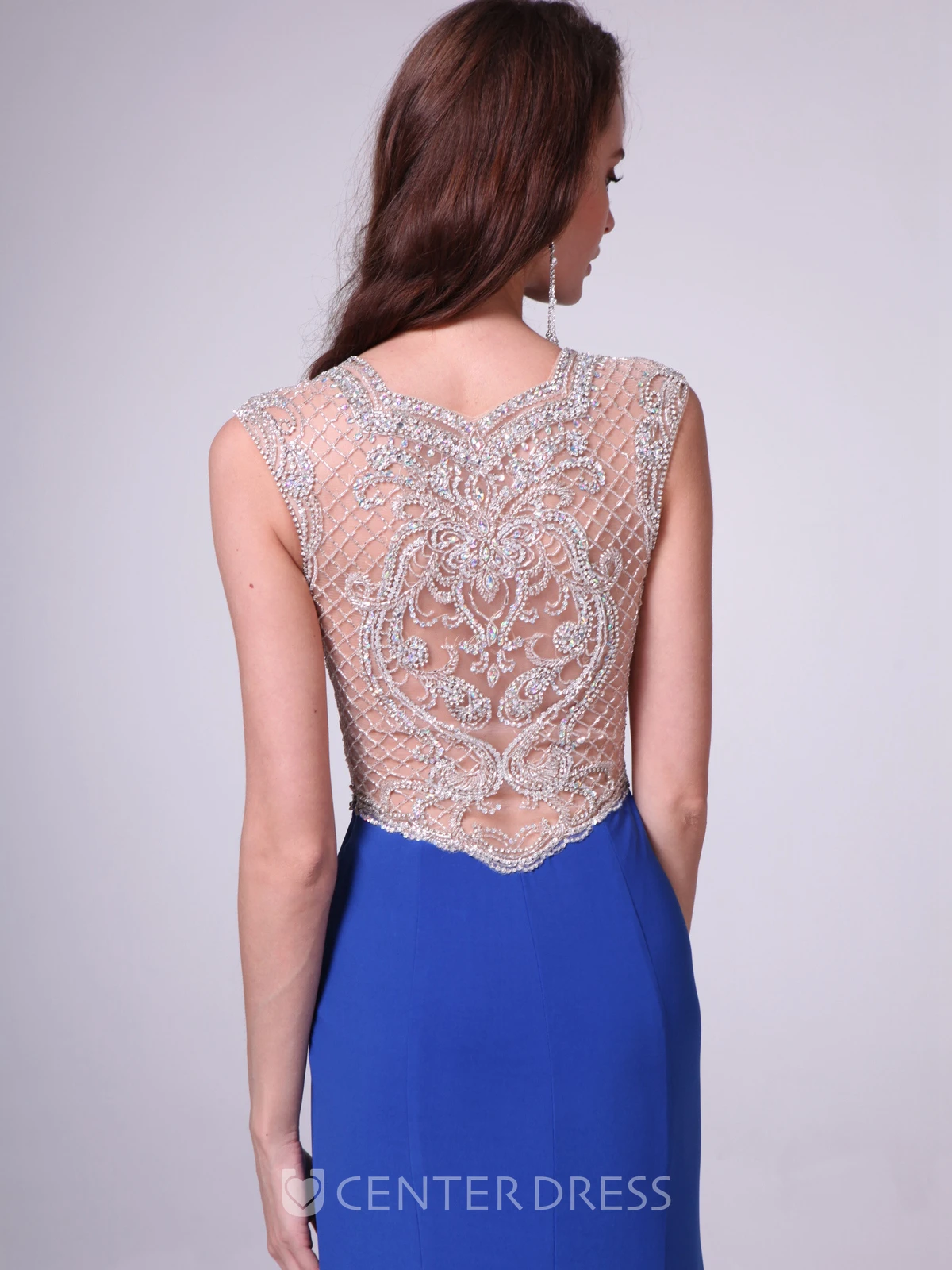 Sheath Maxi Scoop-Neck Jersey Illusion Dress With Split Front And Crystal Detailing