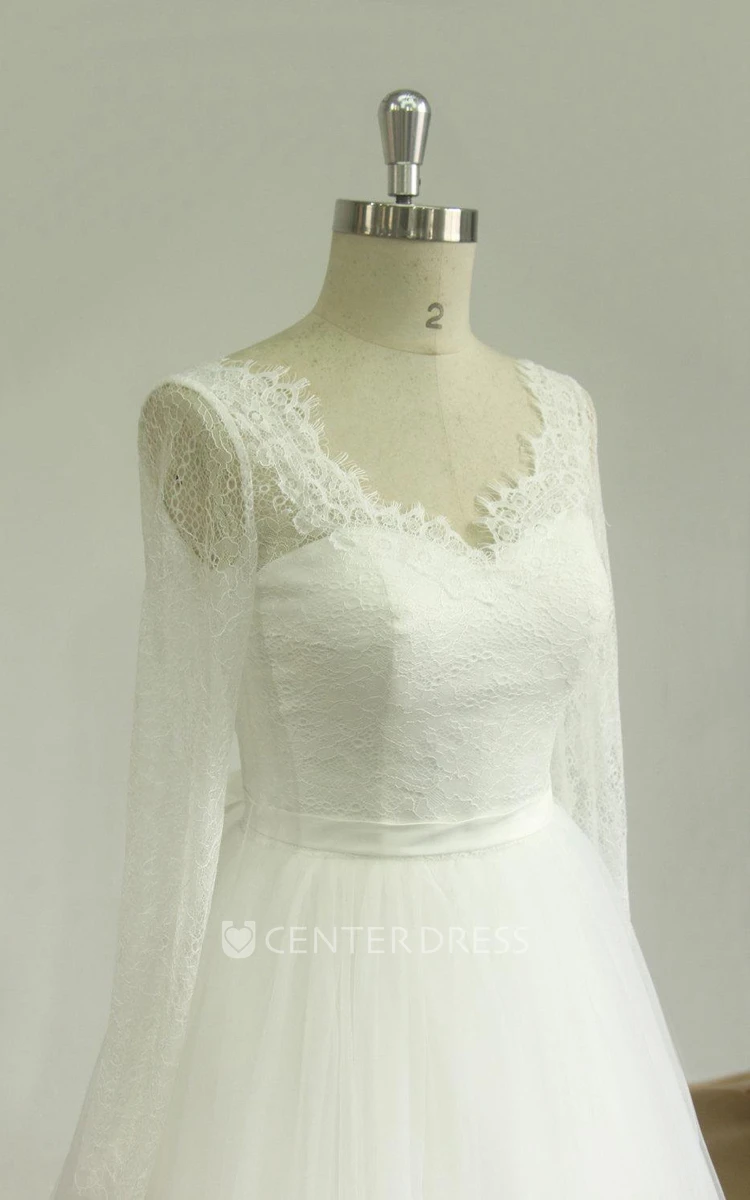 V-Neck Long Sleeve Tulle Lace Satin Dress With Beading