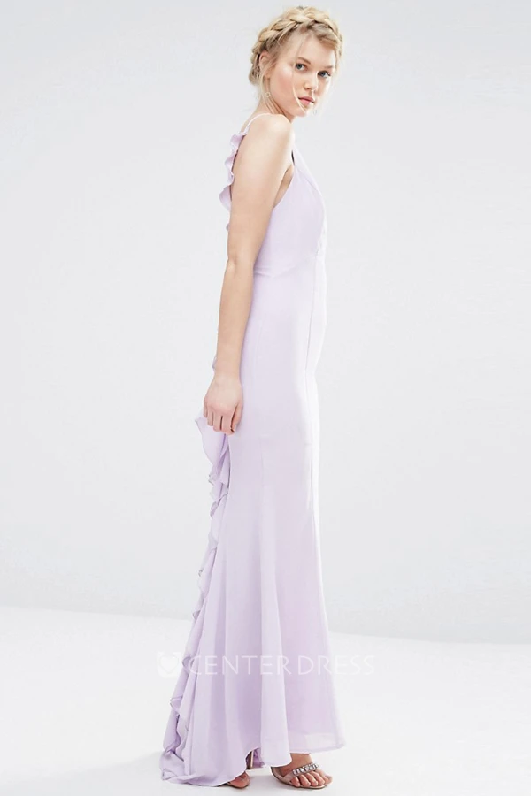 Sheath Ankle-Length Cascading-Ruffled Scoop Neck Sleeveless Chiffon Bridesmaid Dress