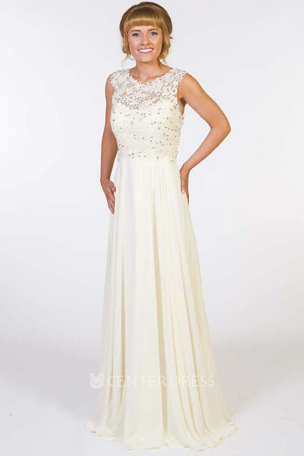 A-Line Sleeveless Appliqued Scoop Floor-Length Chiffon Prom Dress With Illusion Back And Beading