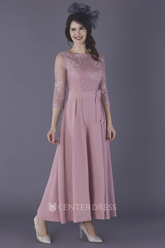 Chiffon Ankle Length 3/4 Illusion Sleeve Mother Of The Bride Dress