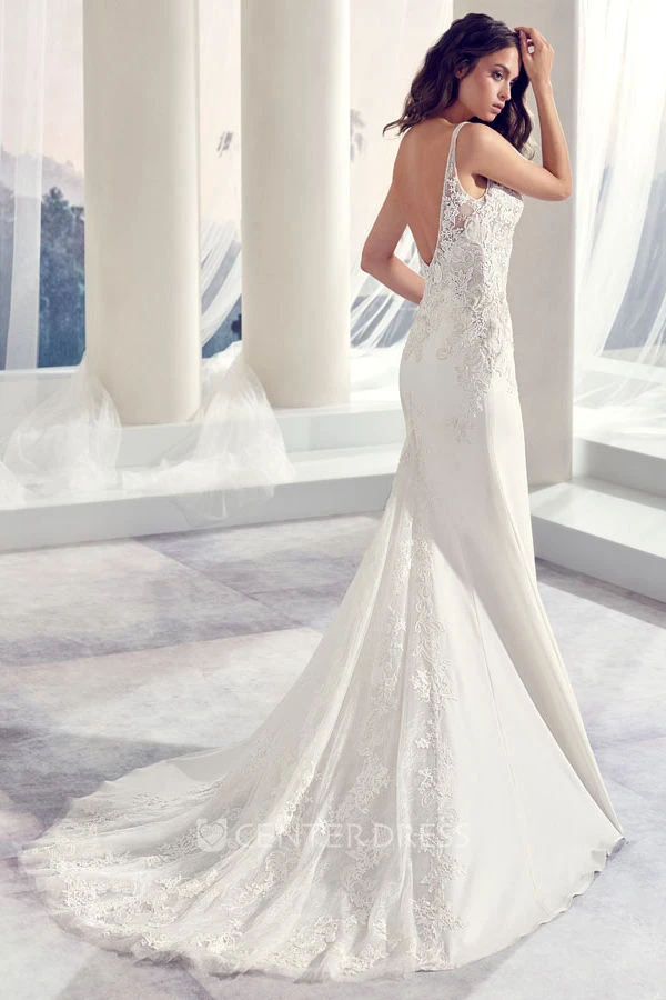 V-Neck Floor-Length Appliqued Chiffon Wedding Dress With Court Train And V Back