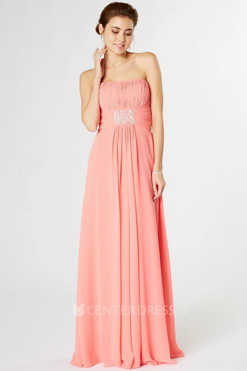 Strapless Maxi Ruched Chiffon Bridesmaid Dress With Waist Jewellery And Corset Back