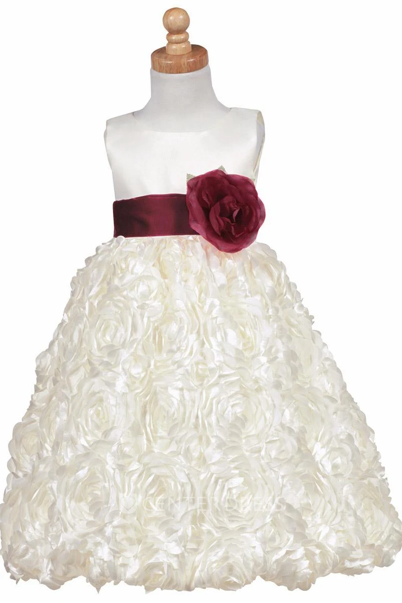 Tea-Length Tiered Satin Flower Girl Dress