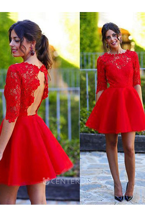 A line Jewel Scalloped Half Sleeve Lace Ruching Short Mini Satin Lace Homecoming Dress UCenter Dress