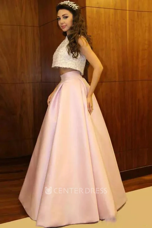 Sleeveless Two Piece High Neck Floor-length Satin Prom Dress with Pleats and Sequins