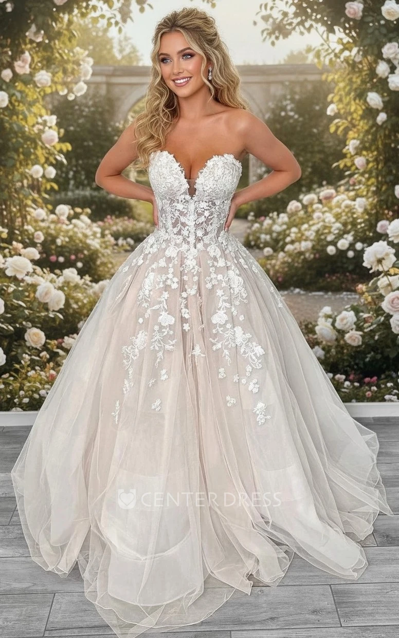 Lace A-Line Sleeveless Wedding Dress Sweetheart Tulle Ball Gown with Sheer Corset Top