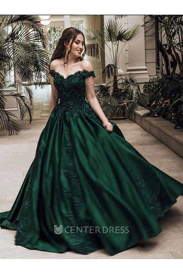 Cap Short Sleeve Sweep Brush Train A-Line Ball Gown Off-the-shoulder Satin Lace Dress