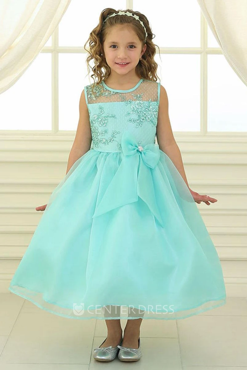 Tea-Length Bowed Floral Lace&Organza Flower Girl Dress With Illusion