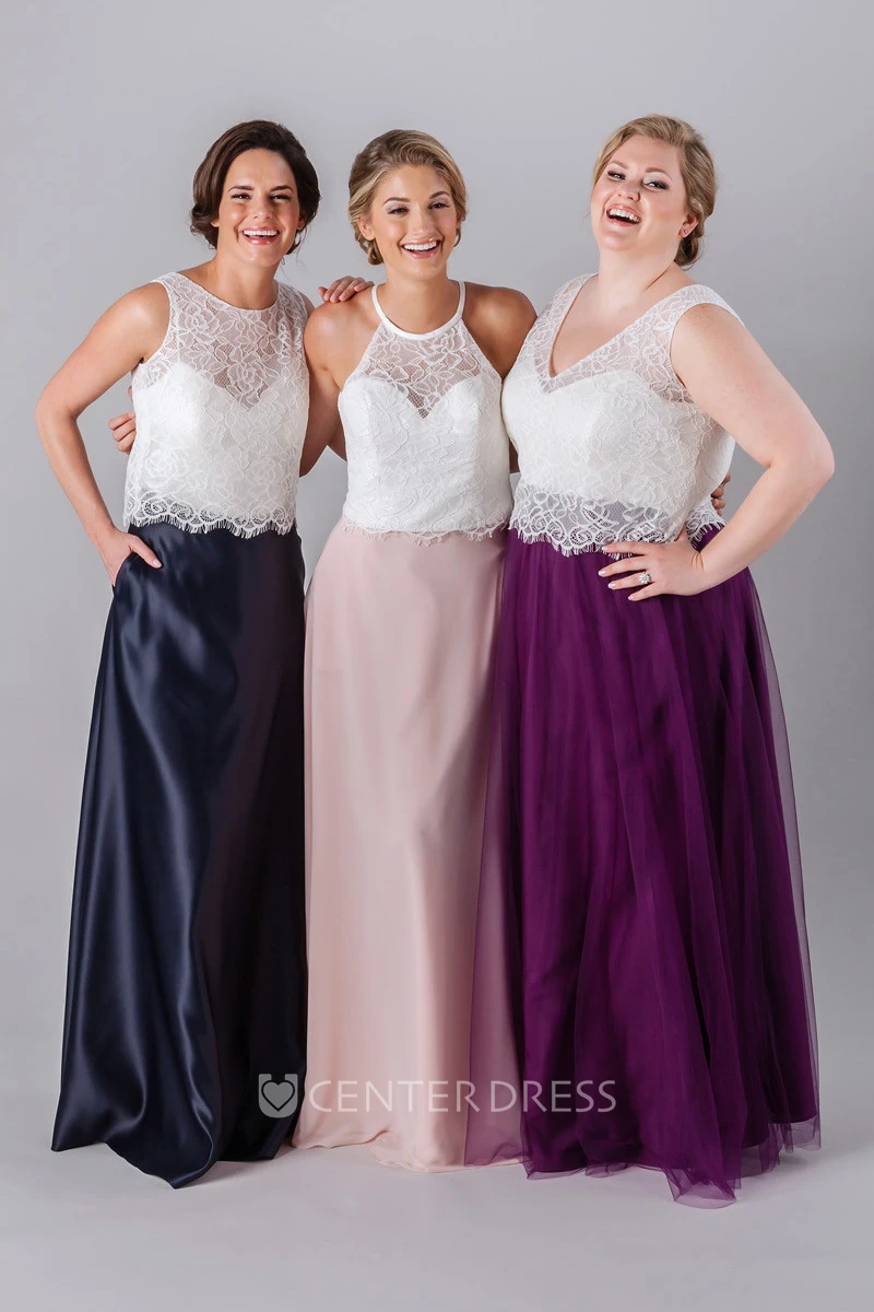 Floor-Length Lace Sleeveless Scoop Neck Satin Bridesmaid Dress