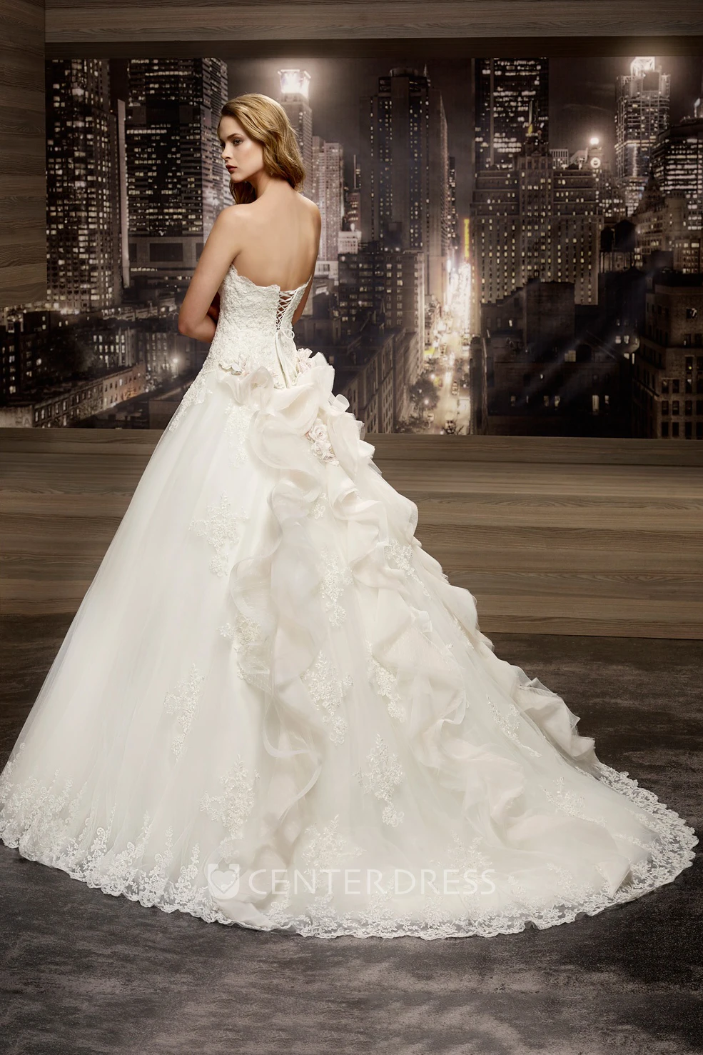Strapless Appliques A-line Wedding Gown with Ruching Train and Lace-up Back