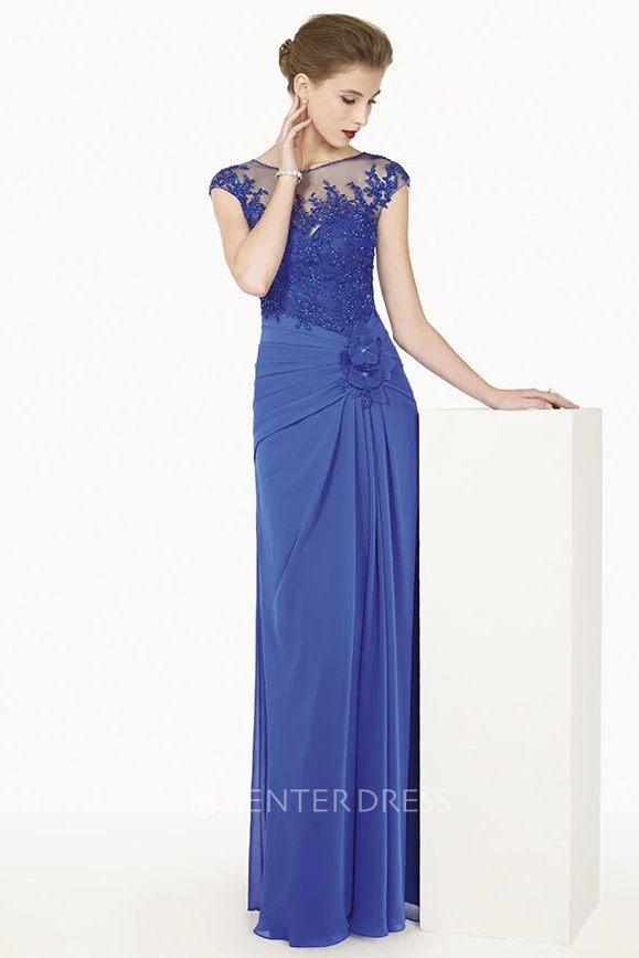 Bateau Cap Sleeve Chiffon Long Dress With Waist Flower And Appliqued Top