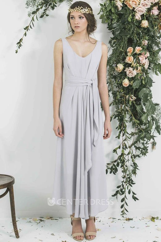 Ankle-Length Sleeveless Draped V-Neck Chiffon Bridesmaid Dress
