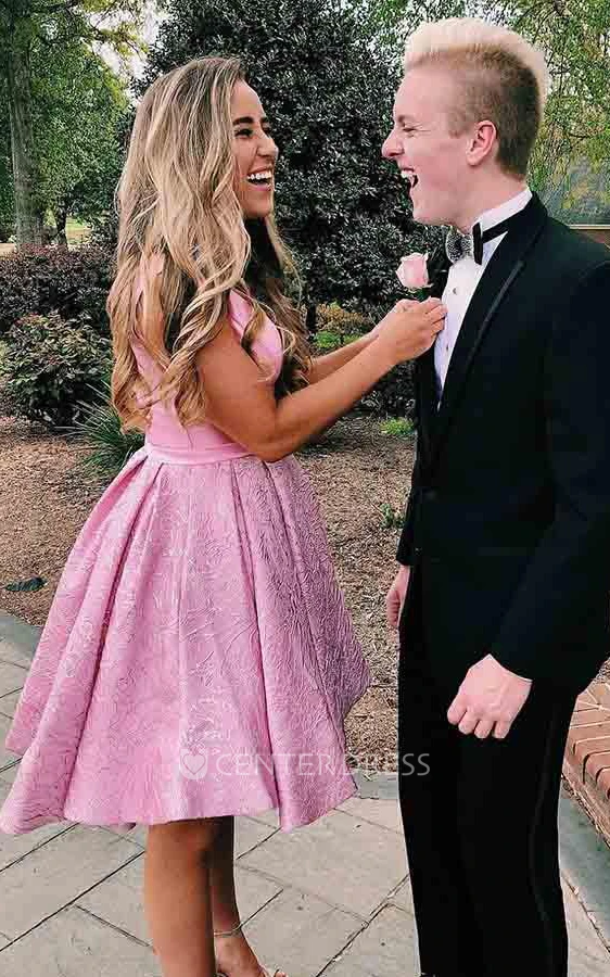 Romantic A Line Satin Straps V-neck Sleeveless Homecoming Dress with Embroidery