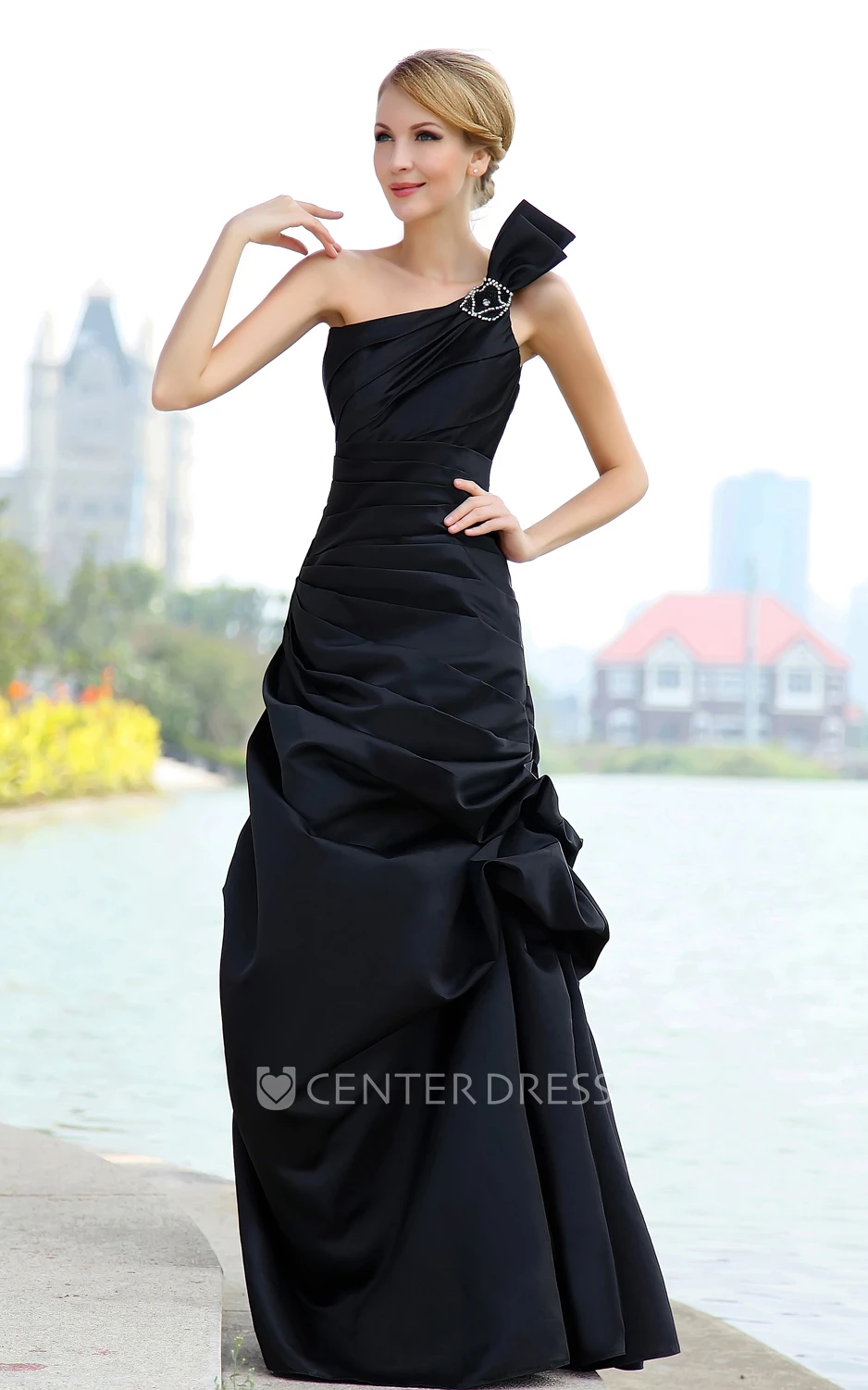 Asymmetrical One-Shoulder Sleeveless Satin Dress With Pick-Up Ruffles