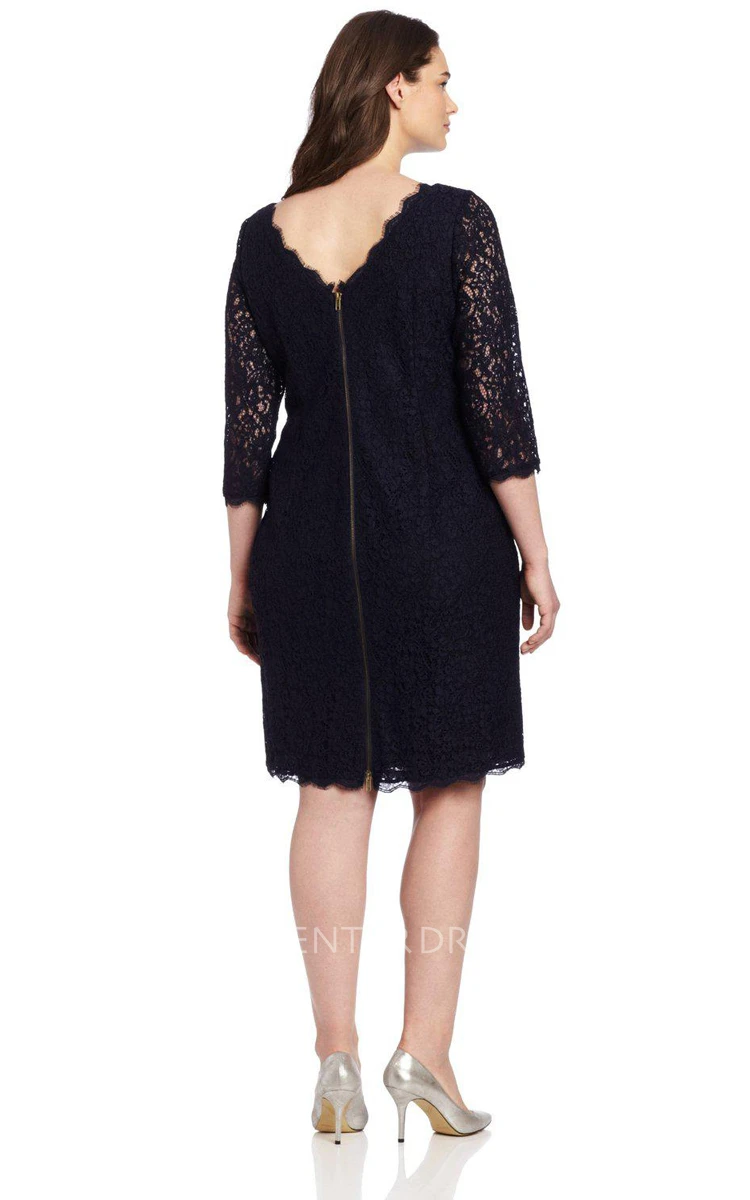 Long Sleeve Knee Length Lace Short Dress With Long Center Zipper