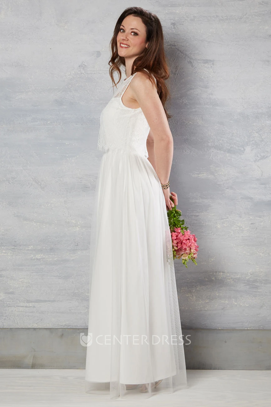 Sleeveless Maxi Scoop-Neck Tulle Wedding Dress With Lace