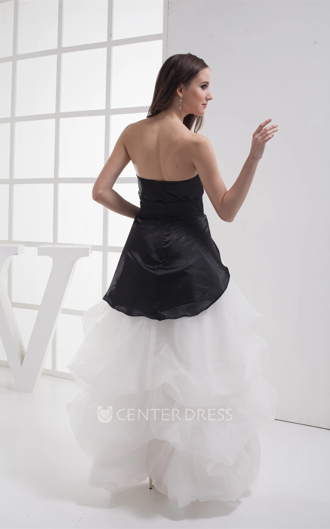 Black-And-White High-Low Organza Prom Dress with Tiers and Ruffles