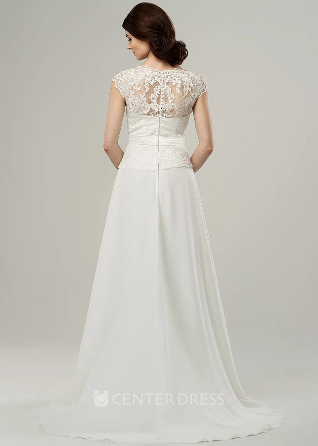 Floor-Length Jewel Appliqued Cap-Sleeve Chiffon Wedding Dress