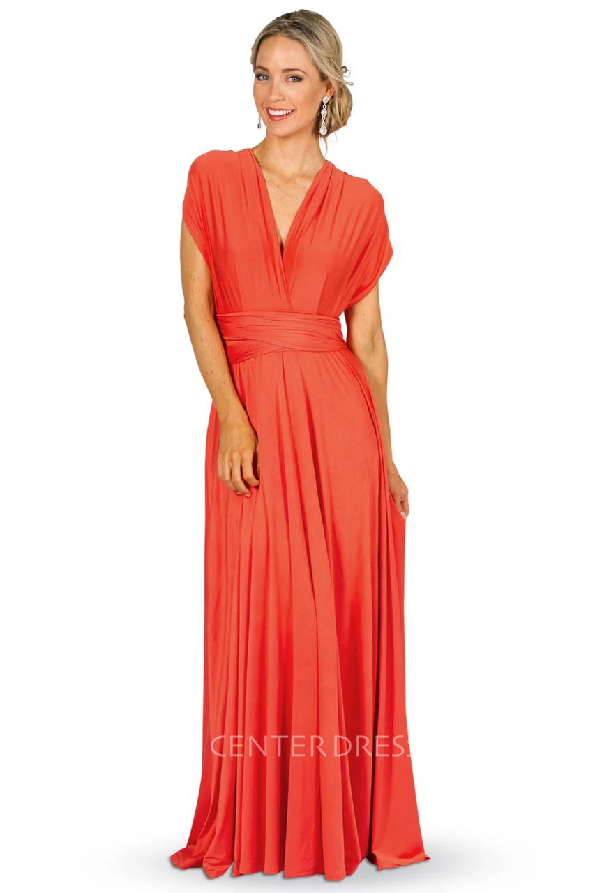 Maxi Ruched Sleeveless V-Neck Chiffon Convertible Bridesmaid Dress With Straps