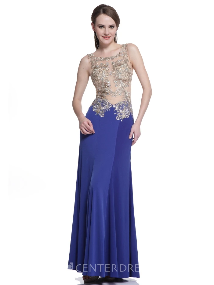 Sheath Scoop-Neck Sleeveless Jersey Illusion Dress With Beading And Embroidery