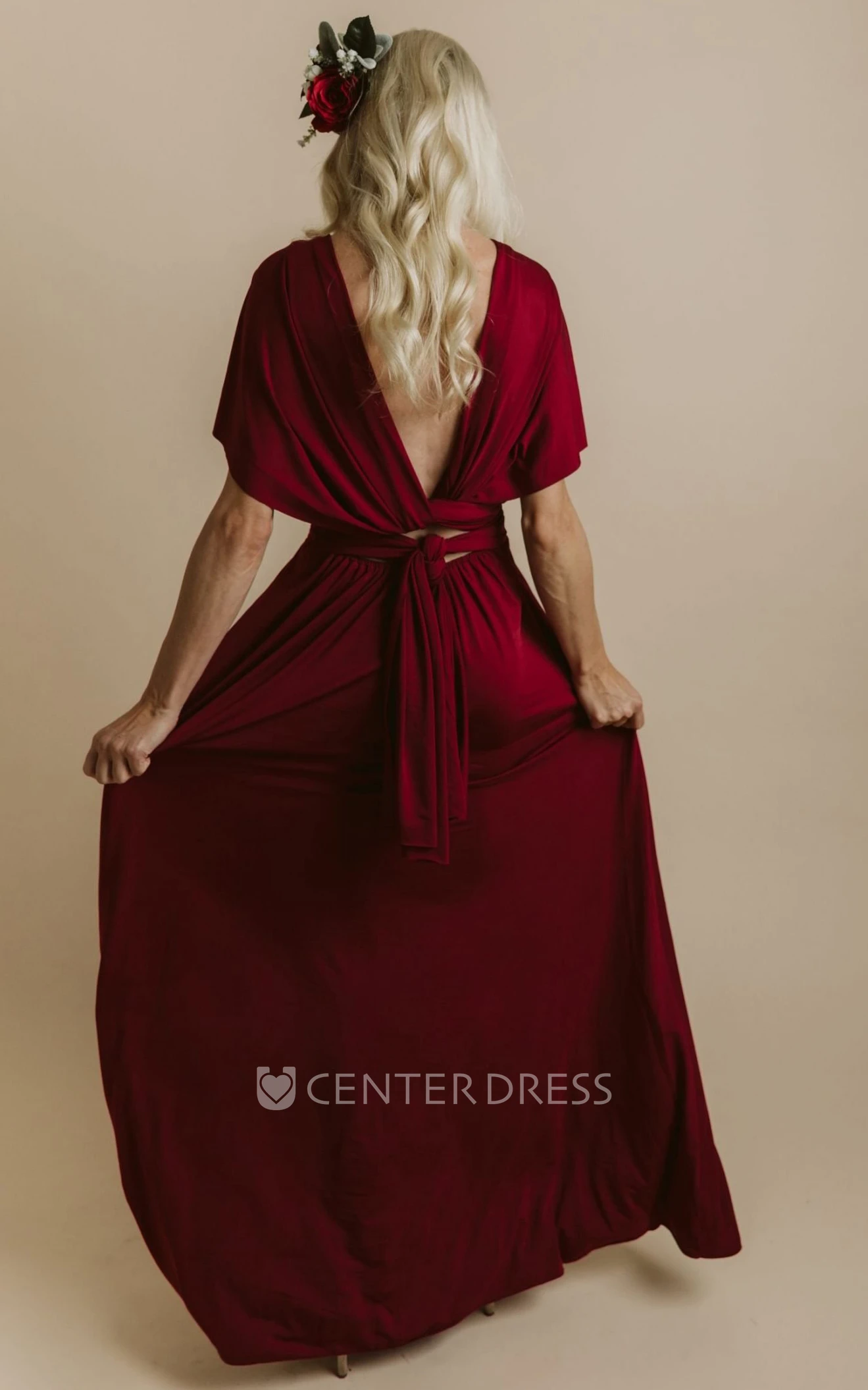 Elegant Romantic Convertible A-Line V-neck Jersey Bridesmaid Dress With Cross Back And Sash