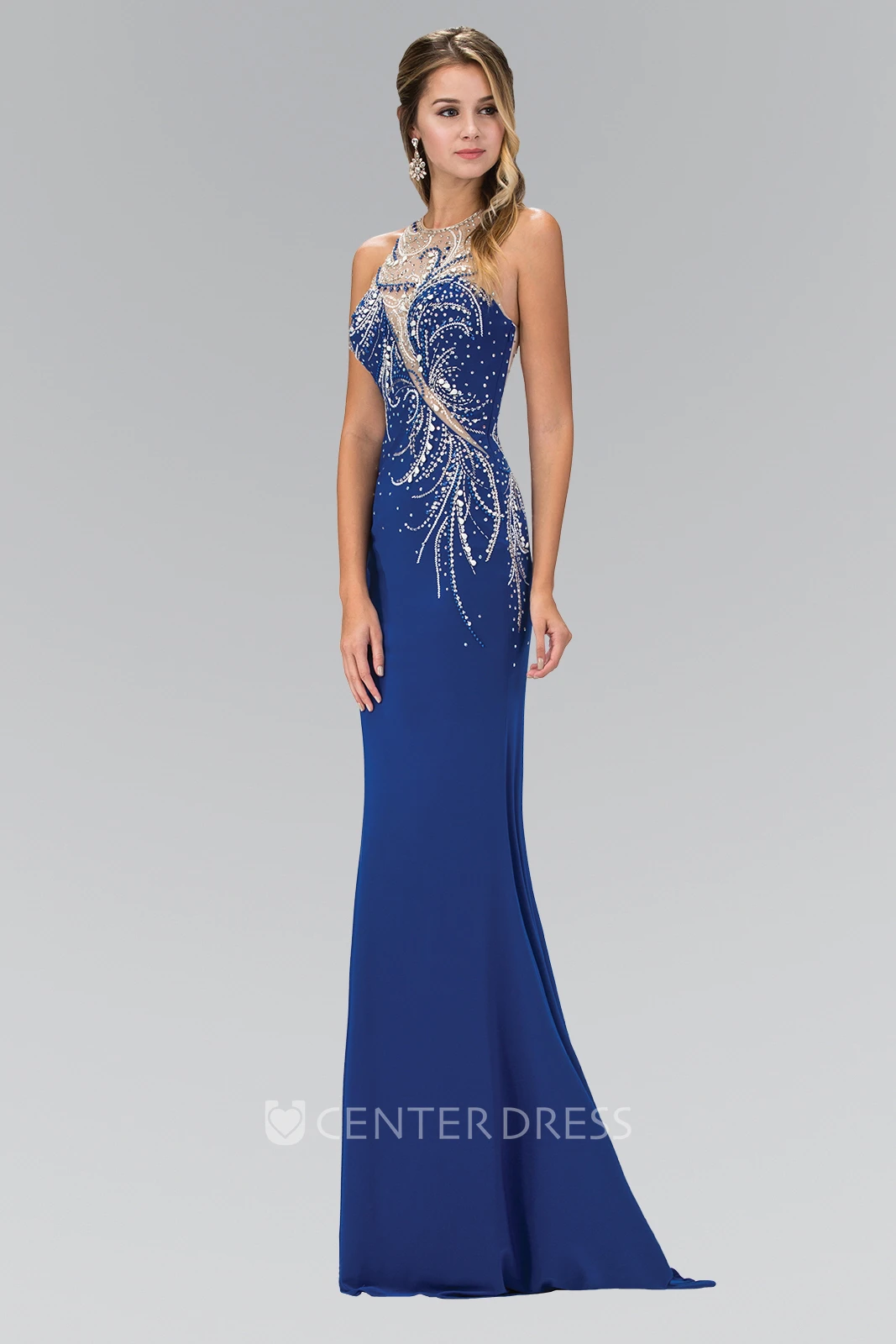 Sheath Maxi Jewel-Neck Sleeveless Jersey Illusion Dress With Beading