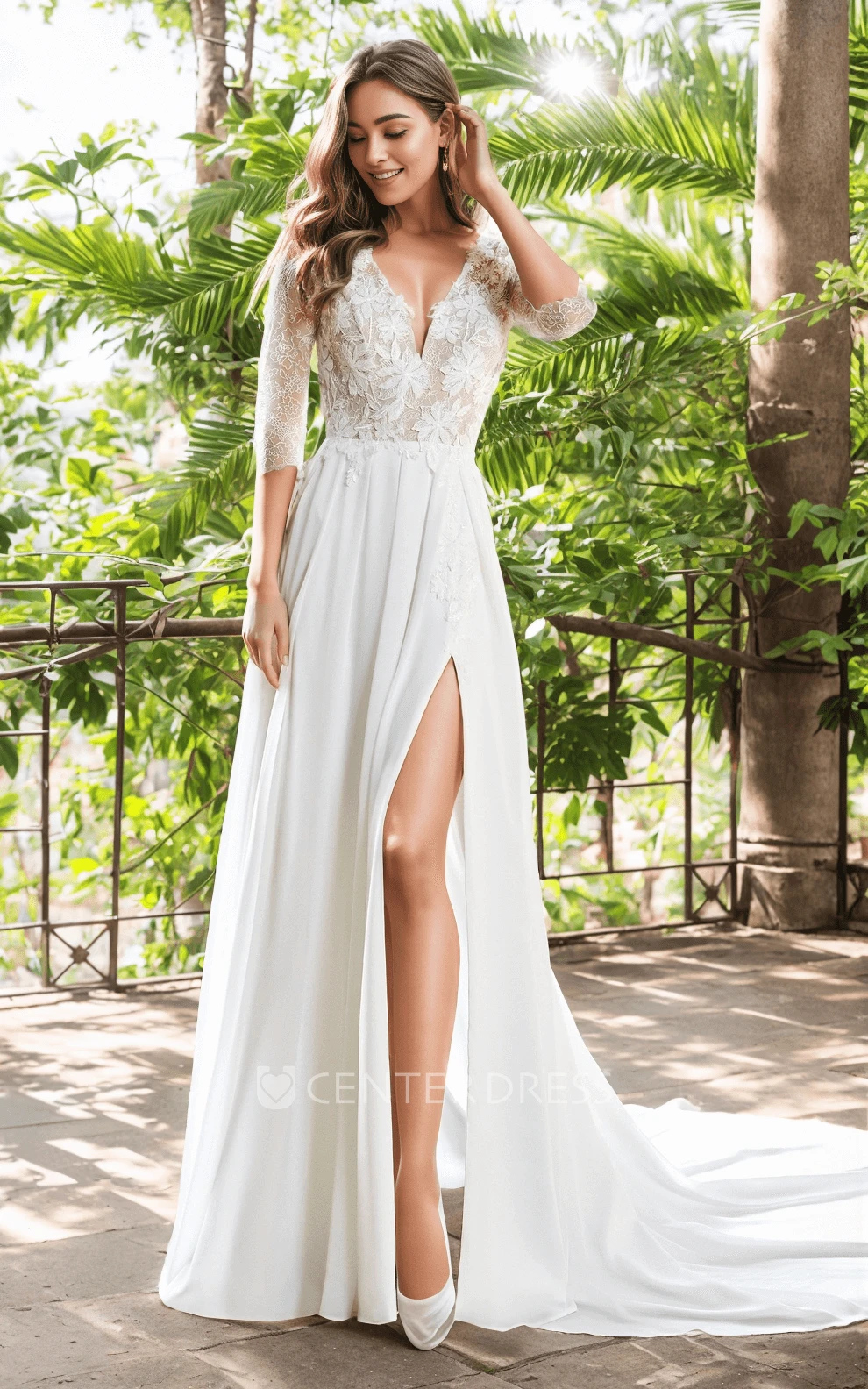 Ethereal Sexy A-Line V-neck Long Sleeve Chiffon Lace Wedding Gown Elegant Vintage Floor-length Split Front Backless Button Back Appliques Bridal Dress