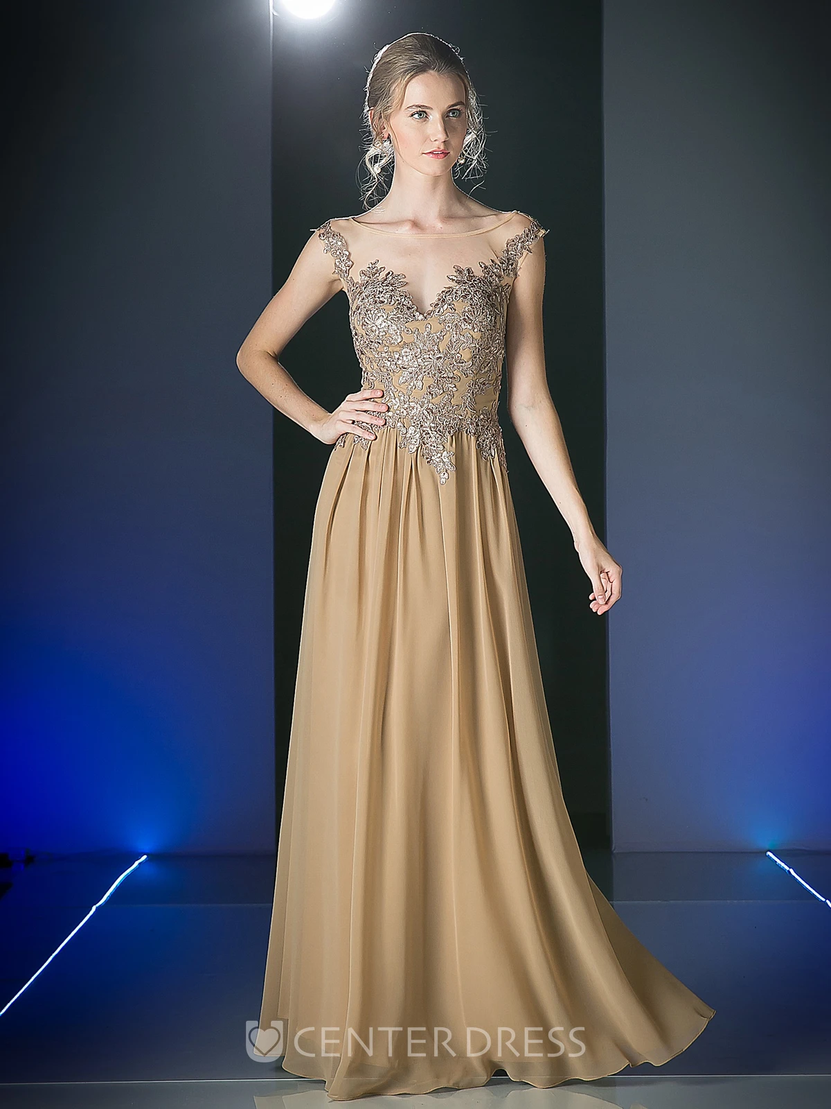 Sheath Ankle-Length Scoop-Neck Sleeveless Chiffon Illusion Dress With Appliques