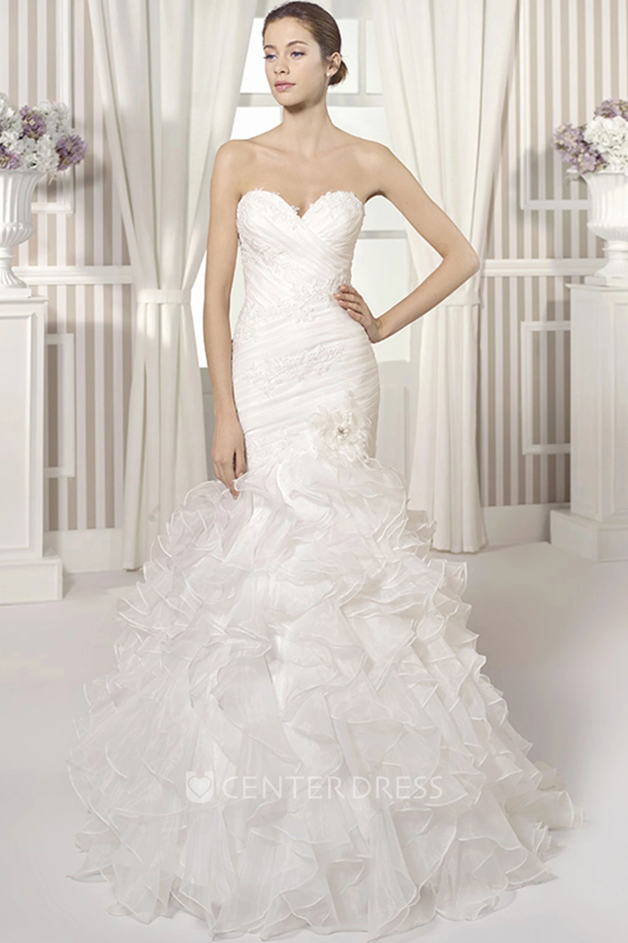 Mermaid Sweetheart Organza Wedding Dress With Criss Cross And Ruffles