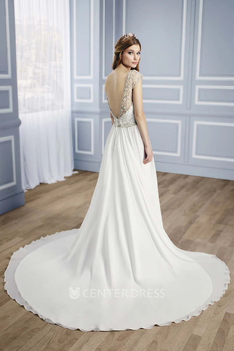 Ball-Gown Cap-Sleeve Beaded Long V-Neck Chiffon Wedding Dress With Court Train And Deep-V Back