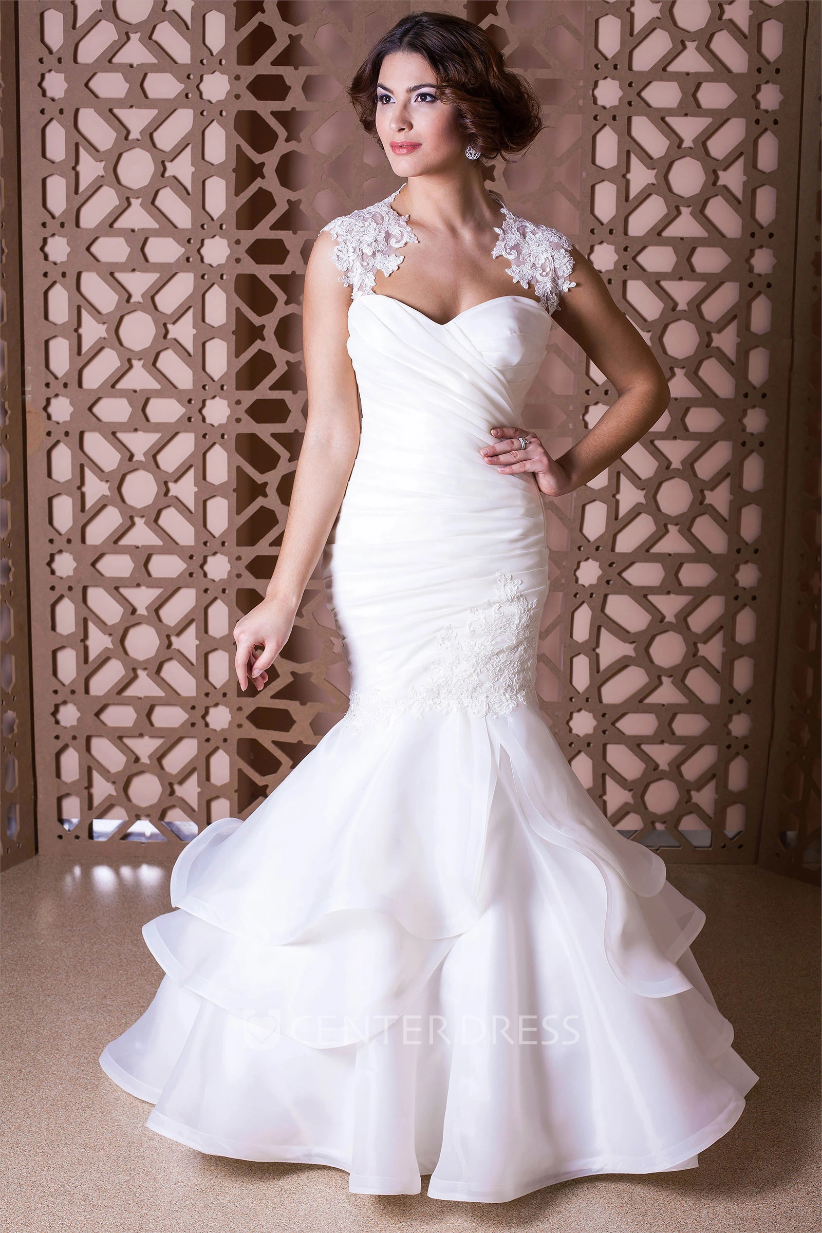 Mermaid Appliqued Cap-Sleeve Floor-Length Organza Wedding Dress With Ruching And Tiers