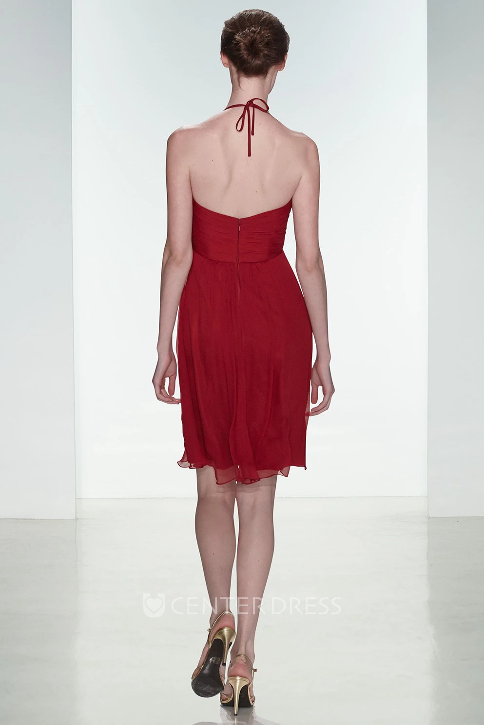 Pencil Short Sleeveless Empire Halter Chiffon Bridesmaid Dress With Ruching And V Back