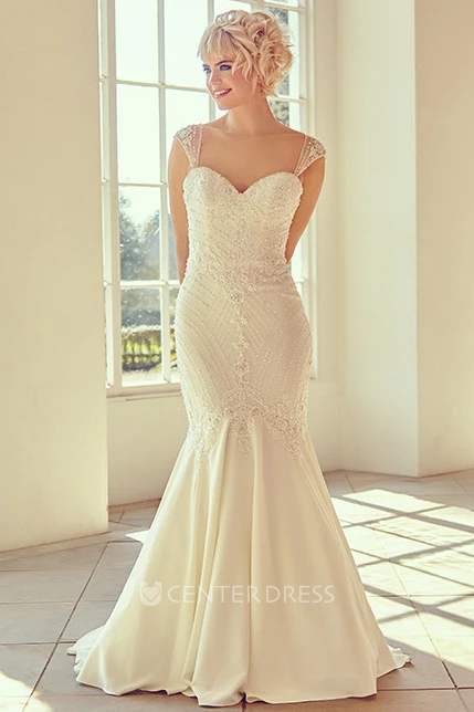 Floor-Length Sweetheart Cap-Sleeve Beaded Chiffon Wedding Dress With Court Train