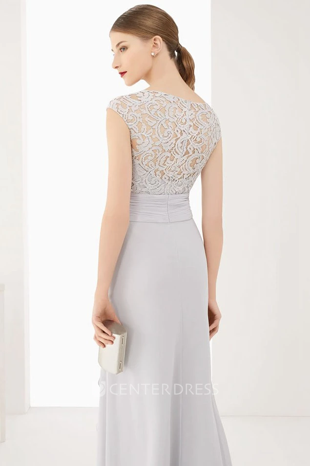Lace Top Cap Sleeve Side Drape Chiffon Long Dress With Waist Flower